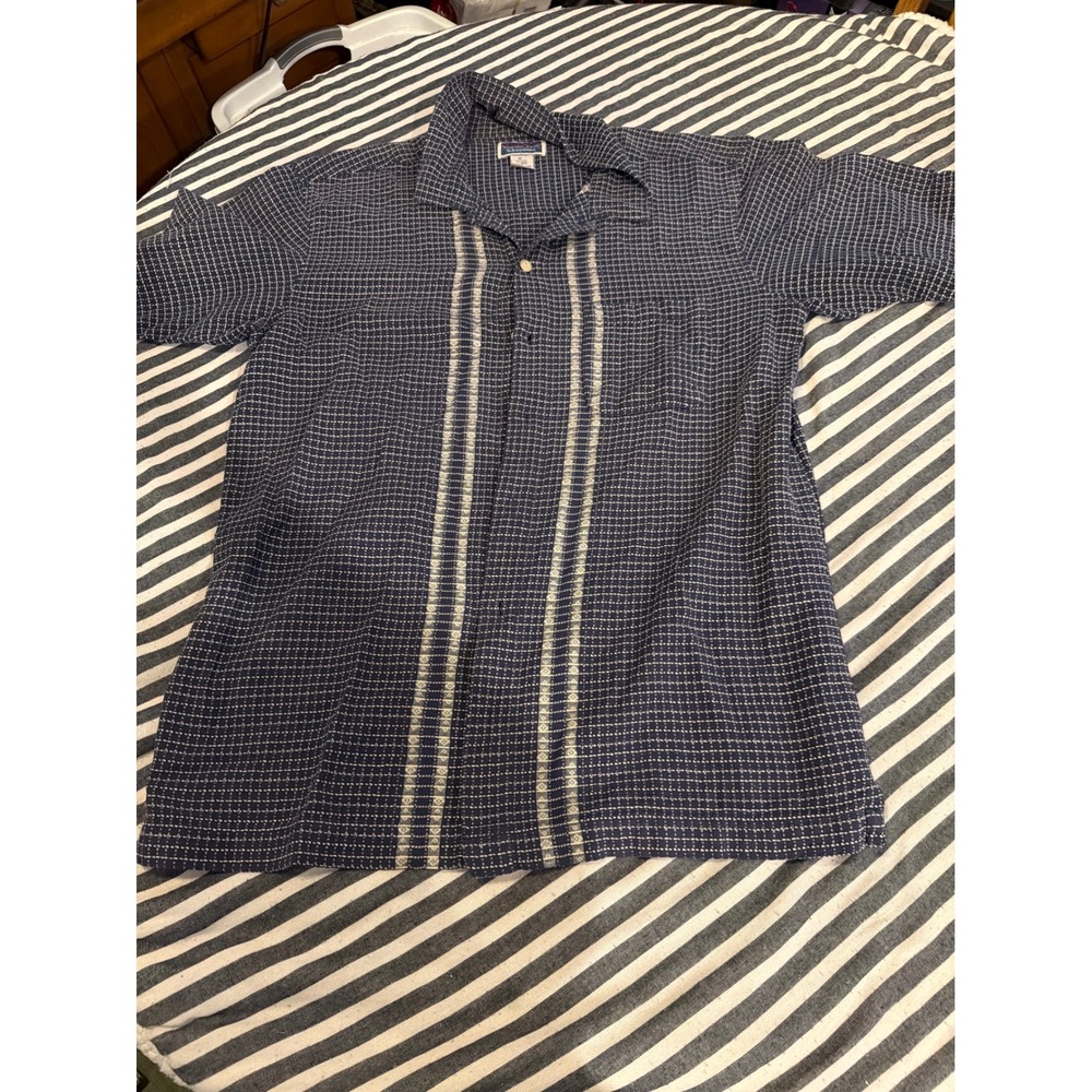 NorthCrest Mens Navy Blue Textured Grid Short Sleeve Camp Shirt Size M Cotton